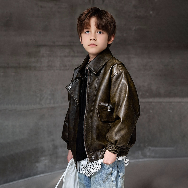 Streetwear Brand With A Logo - เสื้อโค้ทกันน้ำกันลมสีเขียวเข้มสำหรับเด็กผู้ชาย อายุ 2-12 ปี แจ็คเก็ตหนัง PU