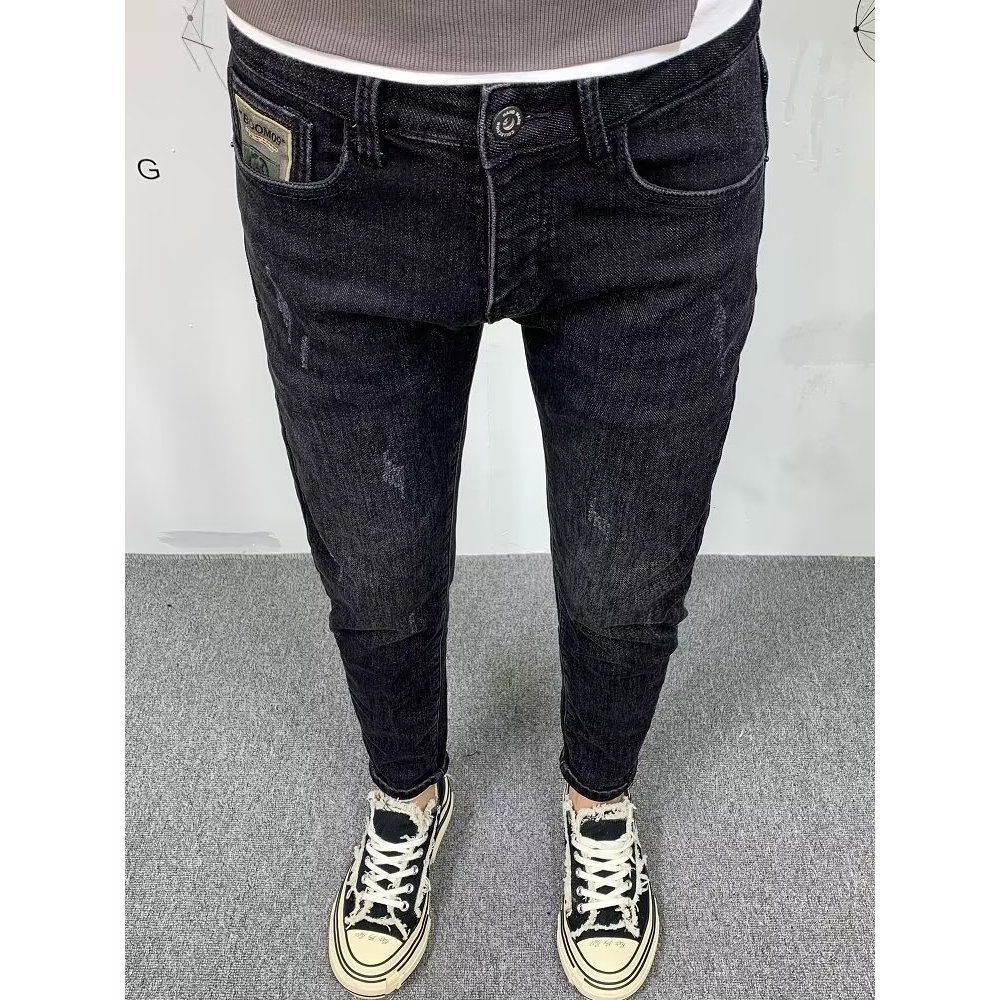 Streetwear Brand Jeans - แฟชั่นใหม่ฤดูใบไม้ผลิในฤดูใบไม้ร่วงผู้ชาย celana JEANS DENIM ทรงสลิมฟิตลำลองสีพื้นแบบบางสีดำล้วน celana