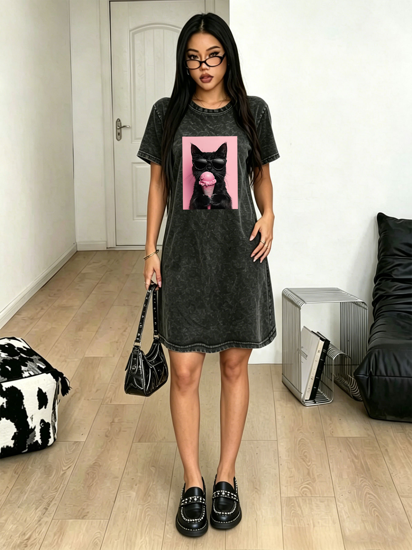Streetwear Brand Cat - เดรสเสื้อยืดวินเทจสไตล์เรโทรสำหรับผู้หญิง แบรนด์แฟชั่นสตรีทแวร์ พร้อมลายพิมพ์แว่นกันแดดและแมว