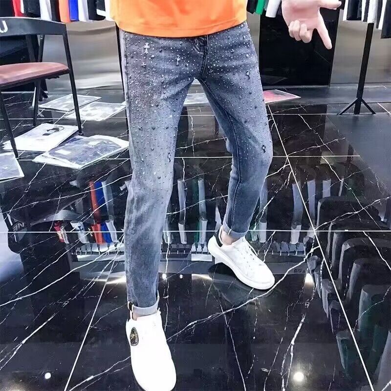 Streetwear Brand Jeans - กางเกงยีนส์ผู้ชายแบรนด์เนมสุดหรู ประดับคริสตัลคุณภาพสูง สไตล์สตรีทแวร์ทรงสลิม แฟชั่นวัยรุ่น สไตล์คาวบอย คอลเลคชั่นฤดูใบไม้ผลิ/ฤดูใบไม้ร่วง