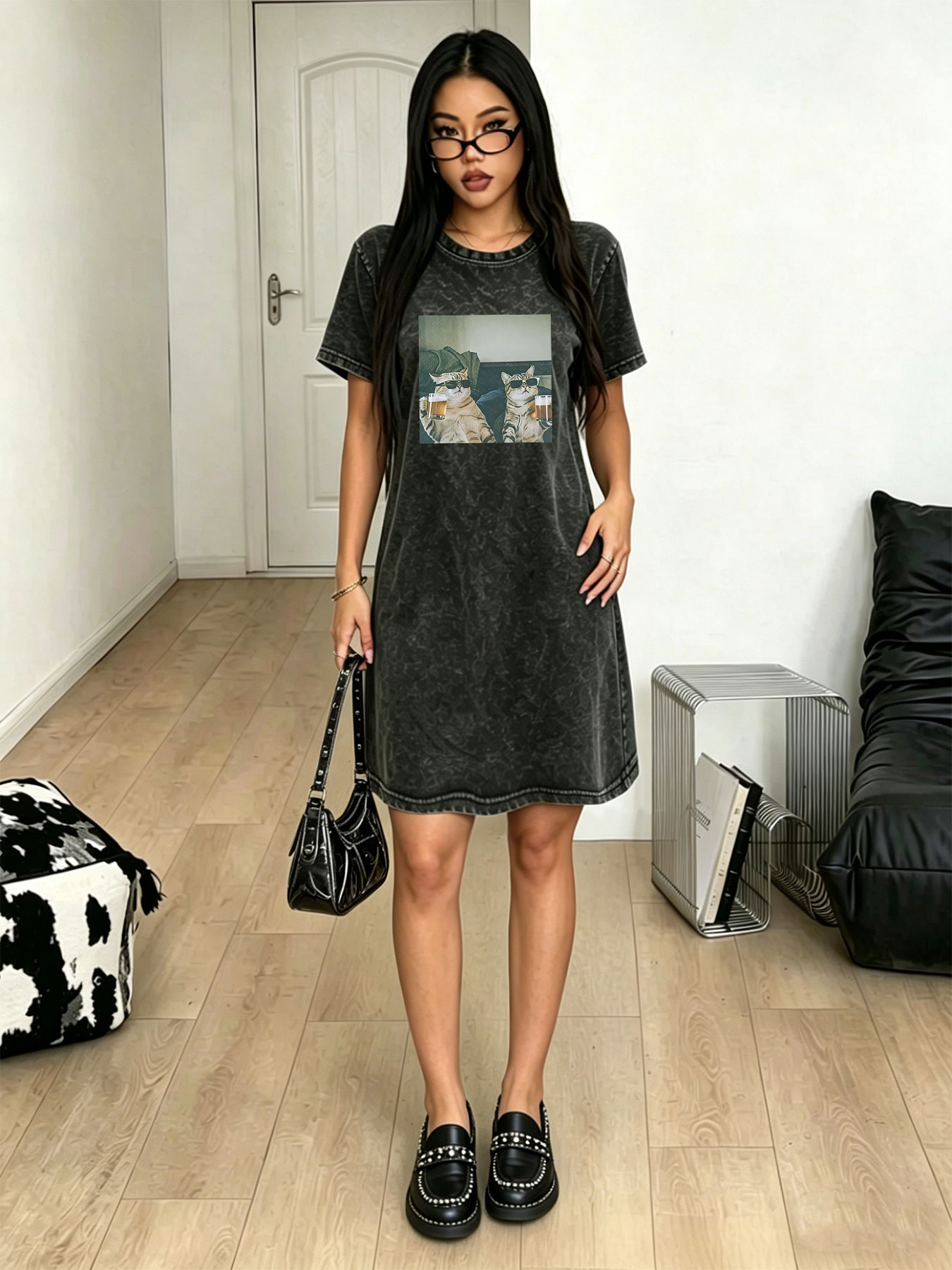 Streetwear Brand Cat - เดรสเสื้อยืดวินเทจลุคซักฟอกสำหรับผู้หญิง แบรนด์แฟชั่นสตรีทแวร์ลายพิมพ์แมว Meme สไตล์ลำลอง