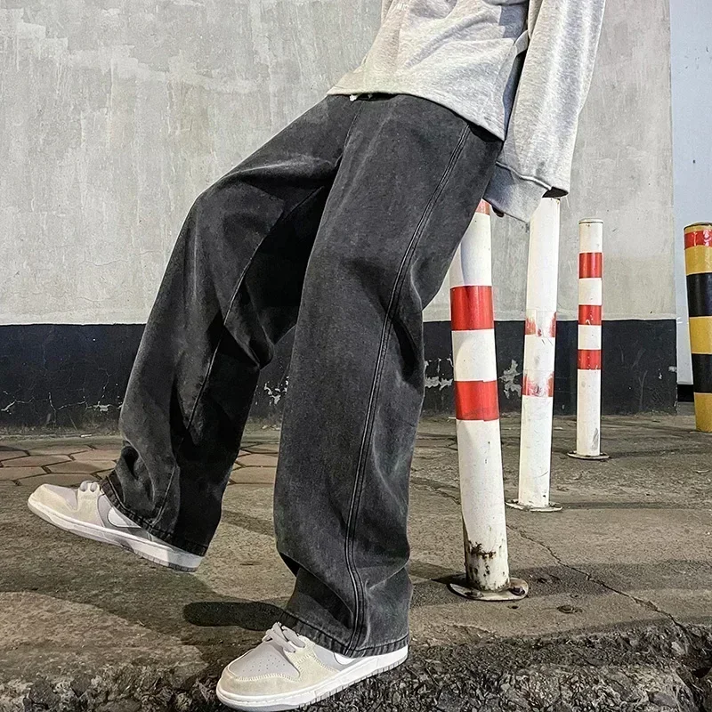 Streetwear Brand Jeans - กางเกงยีนส์ทรงหลวมสไตล์สตรีทแวร์ใหม่สำหรับผู้ชาย สไตล์เกาหลี แฟชั่นทรงหลวมขาตรง กางเกงขายาวทรงกว้าง เสื้อผ้าแบรนด์ผู้ชาย สีดำ