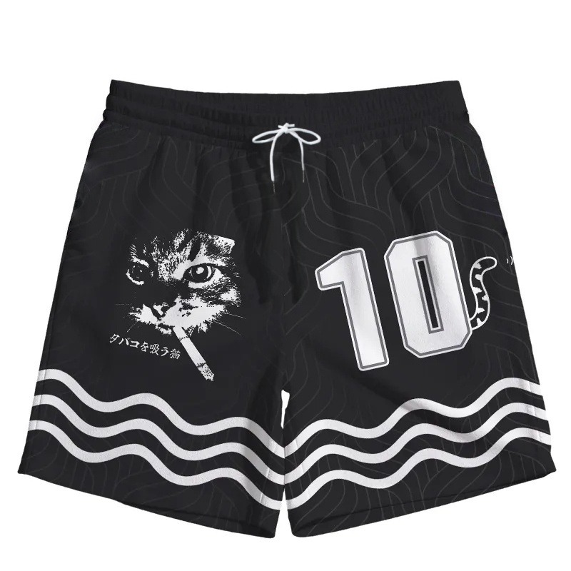 Streetwear Brand Cat - กางเกงบาสเก็ตบอลทรงหลวมแห้งเร็วสำหรับฤดูร้อนสำหรับผู้ชายพร้อมลายพิมพ์แมว แบรนด์สตรีทแวร์อเมริกัน