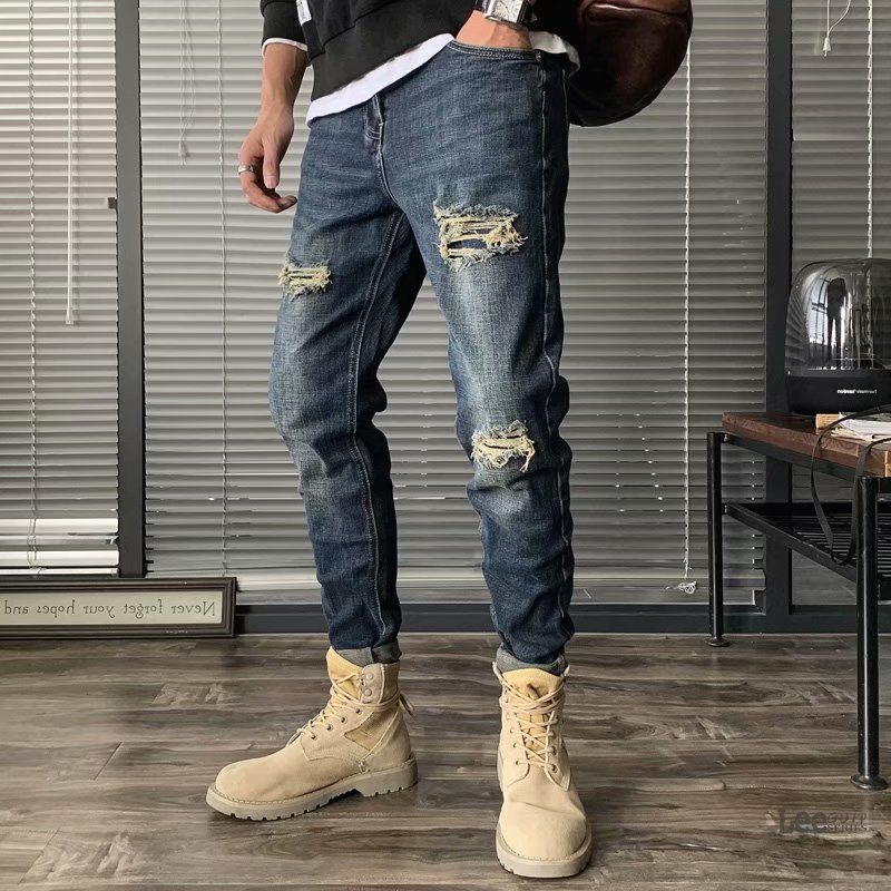 Streetwear Brand Jeans - กางเกงยีนส์ขาดผู้ชาย รุ่นใหม่สไตล์เกาหลี สำหรับฤดูใบไม้ร่วง แฟชั่นสตรีทแวร์ลำลอง แบรนด์ดัง กางเกงขายาวสีน้ำเงินขาดๆ