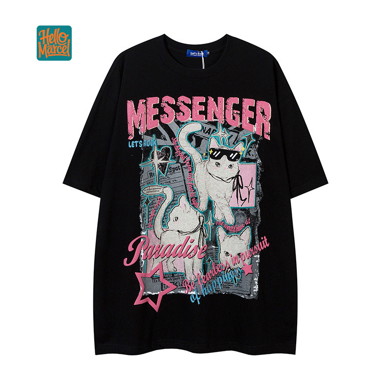 Streetwear Brand Cat - HELLOMARCEL EU US ไซส์เสื้อยืดสตรีทแวร์คุณภาพสูงสำหรับสาวๆ ฤดูร้อน แบรนด์แฟชั่น