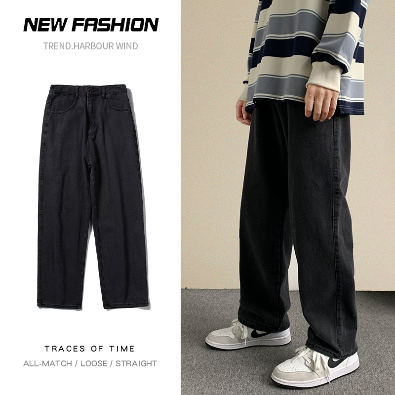 Streetwear Brand Jeans - ใหม่Streetwear Baggyกางเกงยีนส์ผู้ชายเกาหลีแฟชั่นหลวมตรงกางเกงขากว้างชายแบรนด์เสื้อผ้าสีดําสีฟ้า
