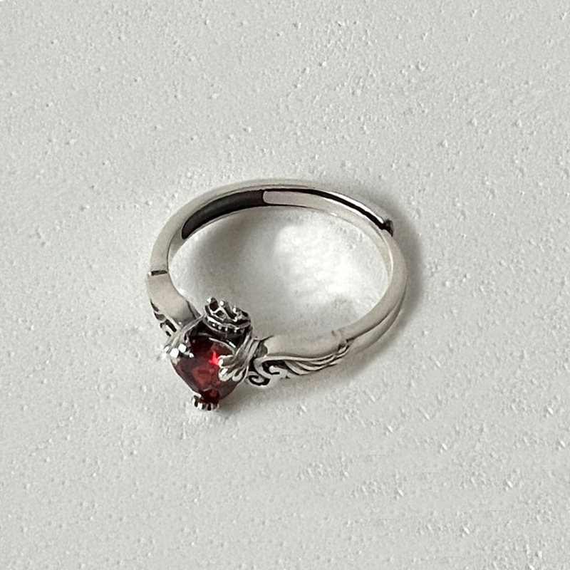 Chrome Hearts Ring - เงินแท้ 925 รูปหัวใจสีแดง ​ แหวนหมั้นเพชรซิร์คอนสำหรับผู้หญิง แหวนปรับขนาดได้